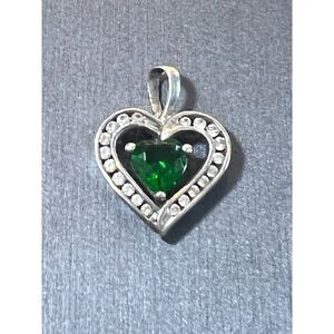 Sterling Silver Heart Pendant with Simulated Emerald surrounded by CZ